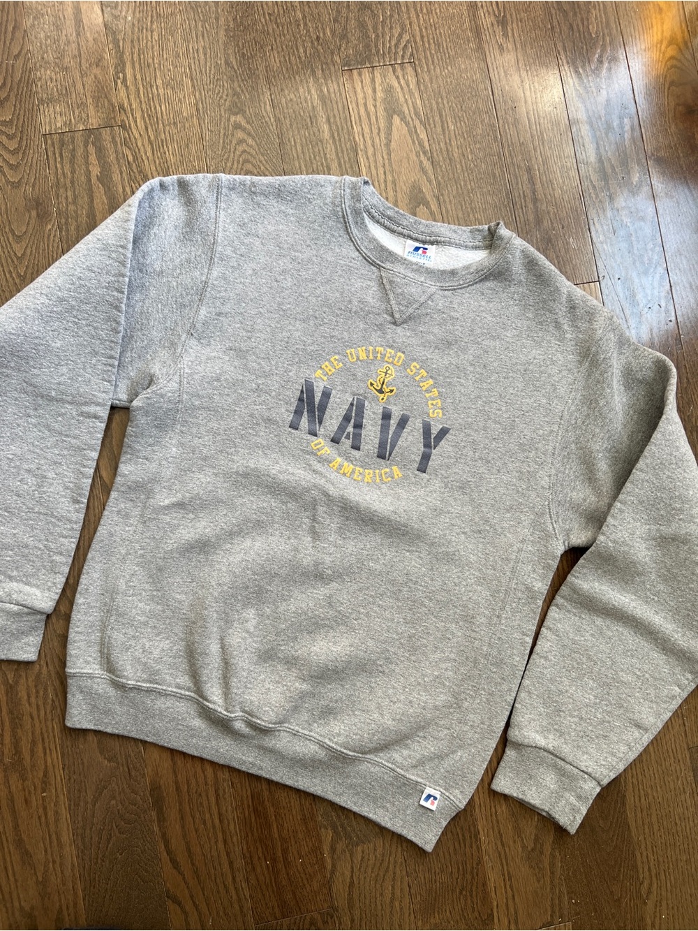 Russell Athletic Gray Crewneck with United States Navy Yellow Graphic size small